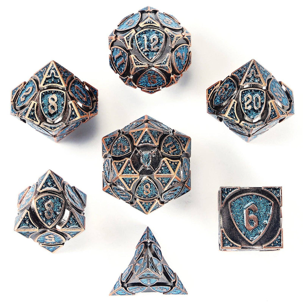 Solid Metal Fighter RPG Dice Set - Copper w/Blue Glitter