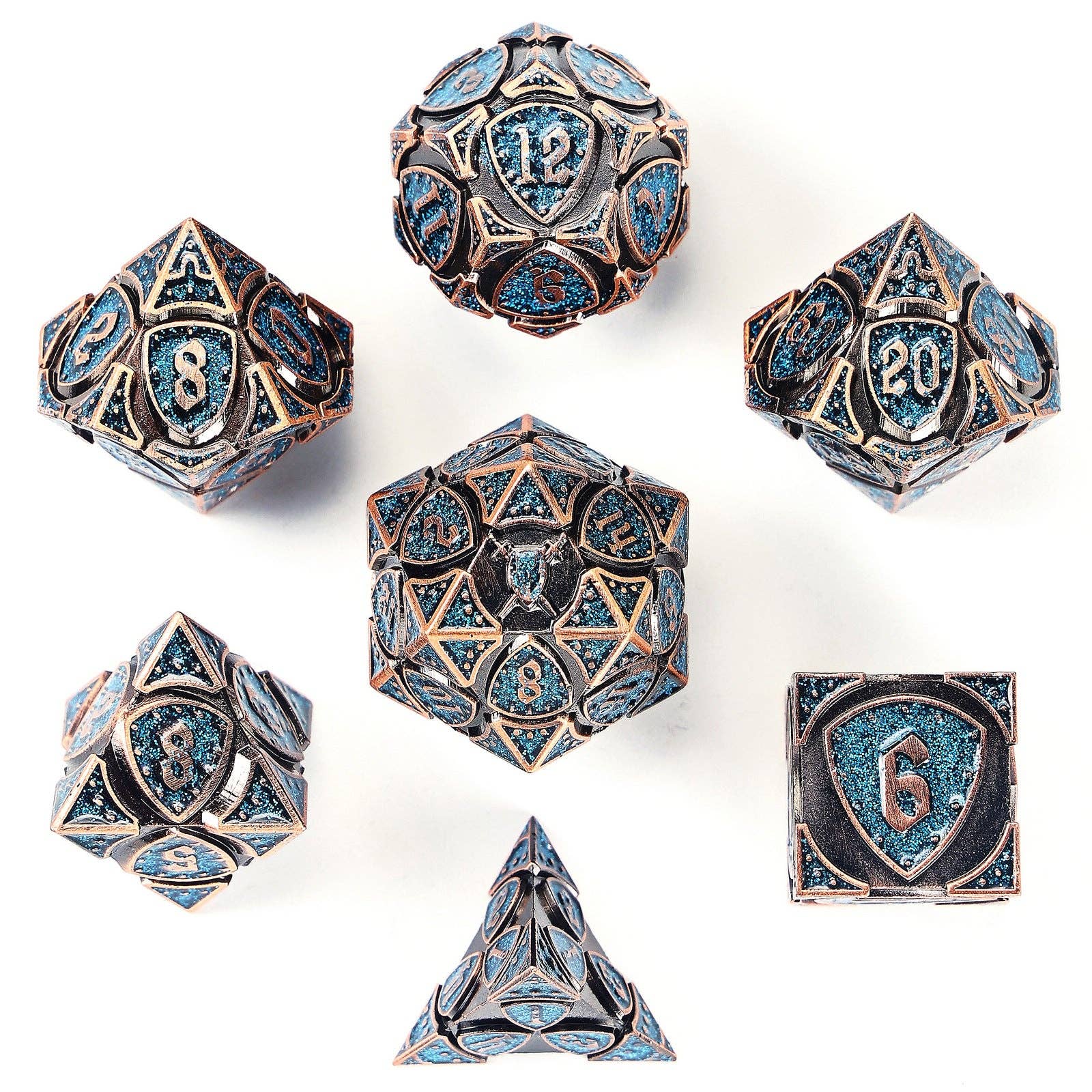 Solid Metal Fighter RPG Dice Set - Copper w/Blue Glitter