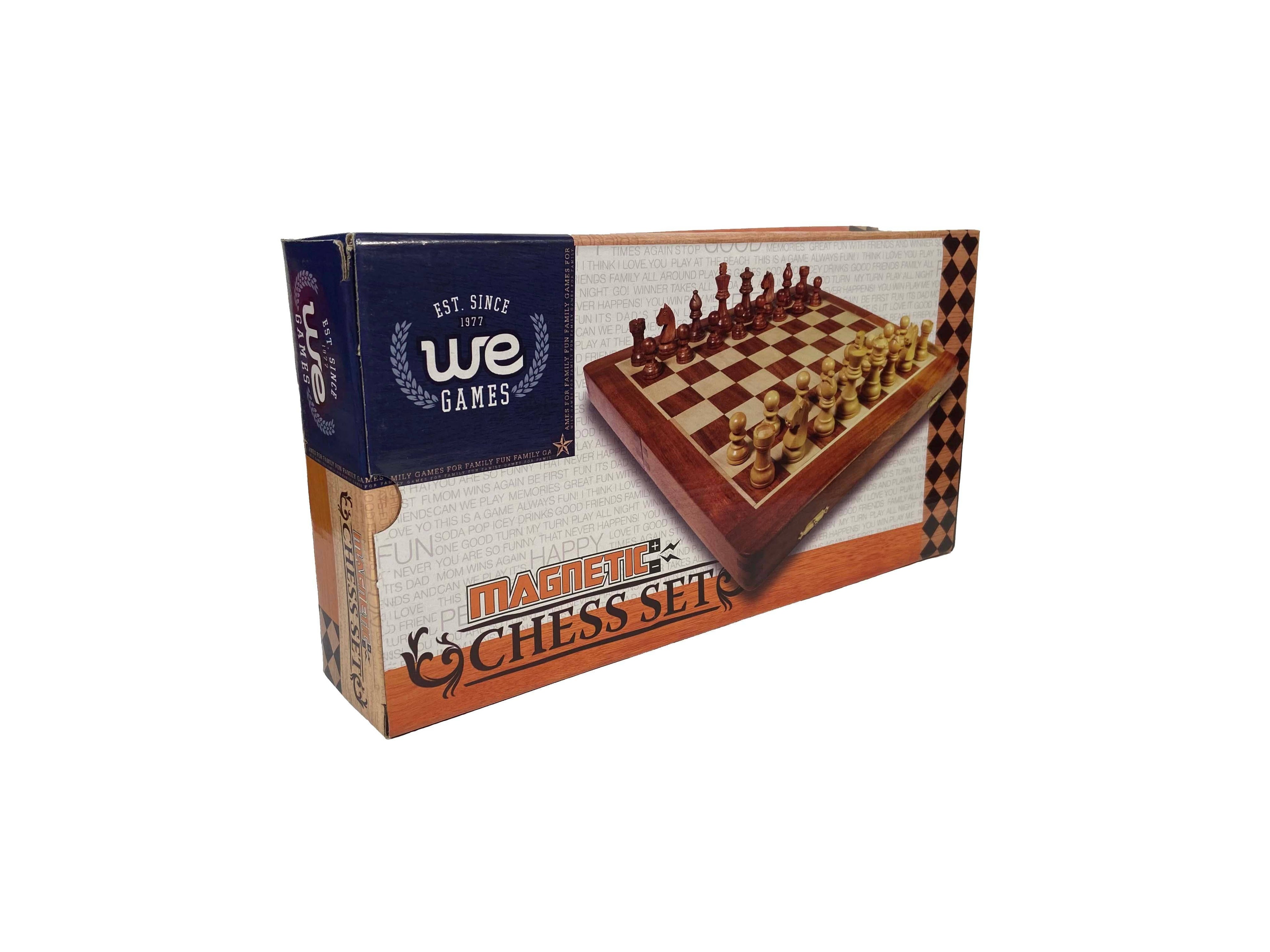 Travel magnetic wood folding chess set with 12 inch board and storage for pieces
