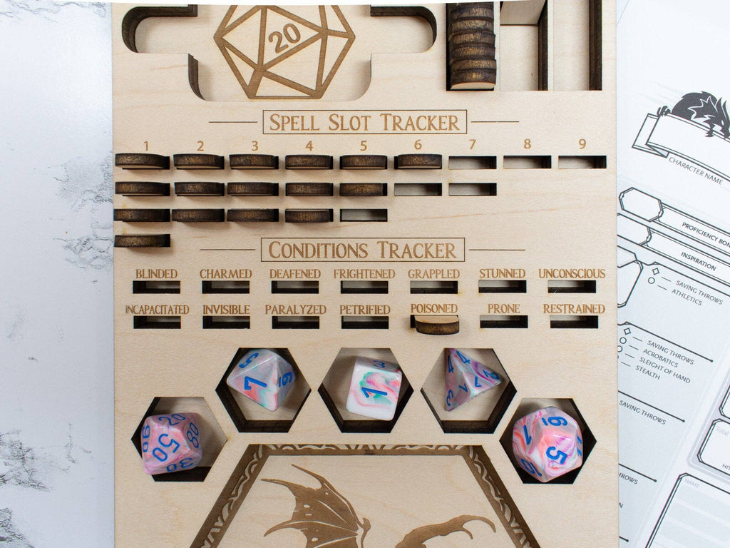 Player's Tray: DnD Dice Tray, Spell Slot Tracker, Conditions Tracker, Phone Holder, and Dice Holder