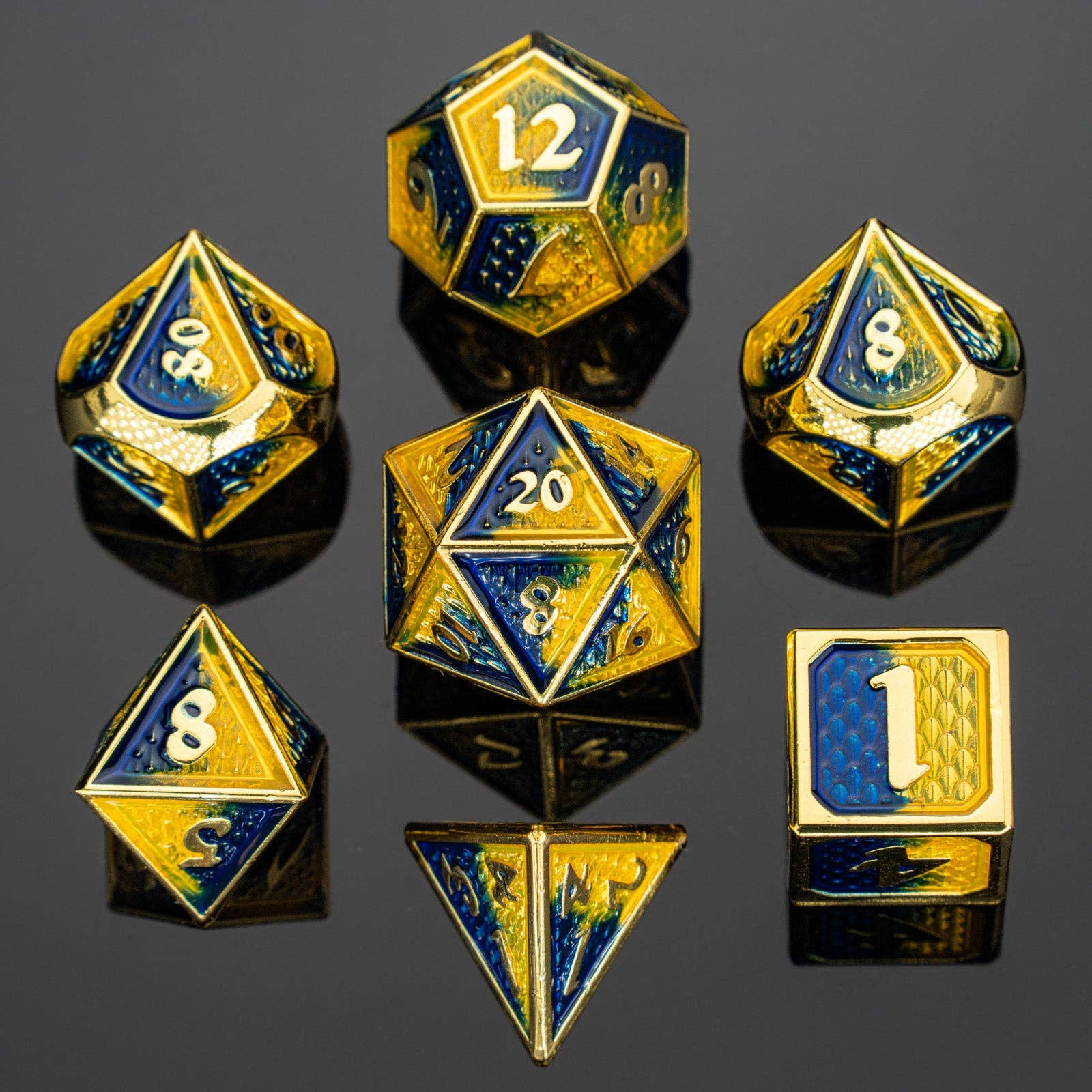Solid Metal Behemoth Dice set - Gold with Yellow and Blue