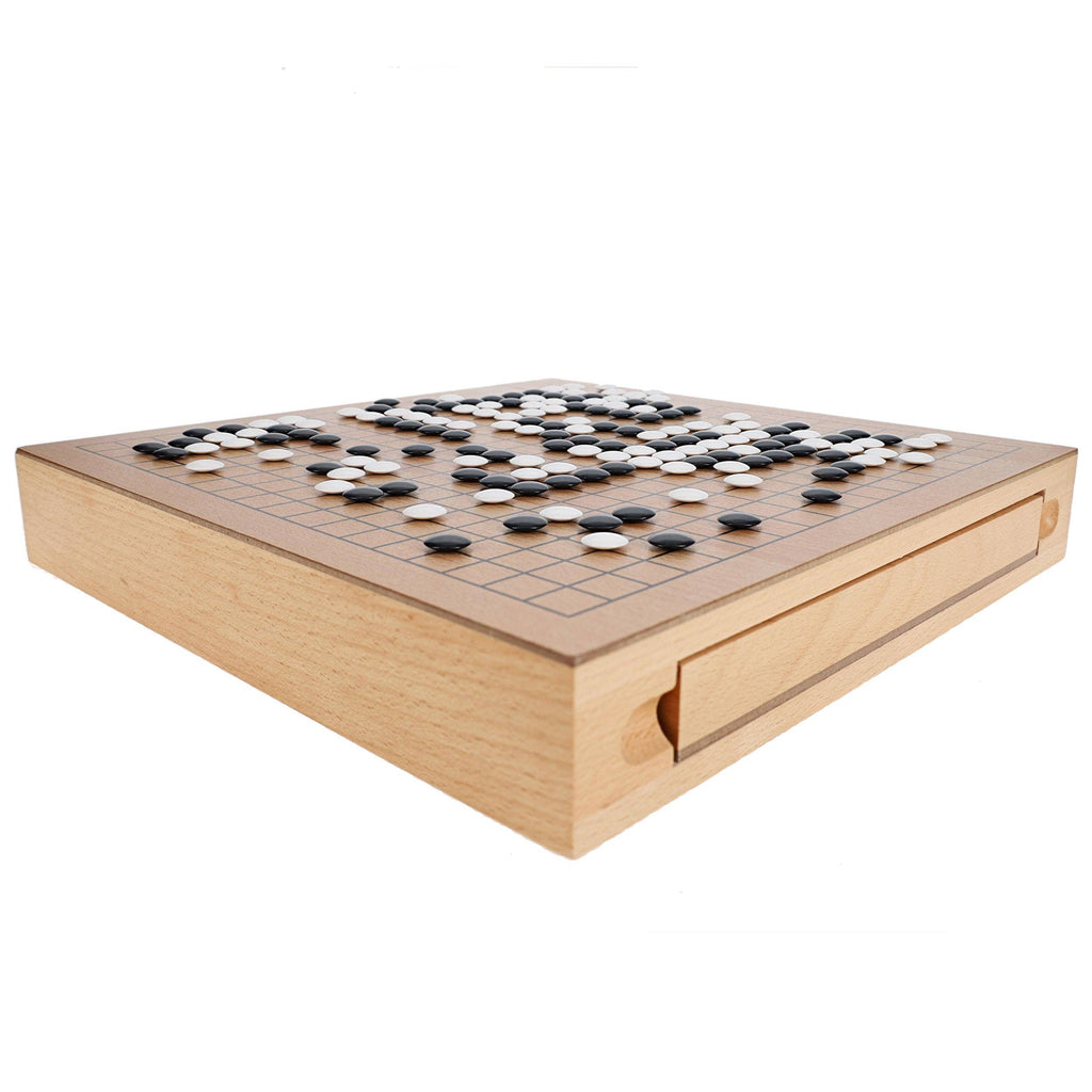 Wood Go set with 12 inch board and storage drawers for black and white stones