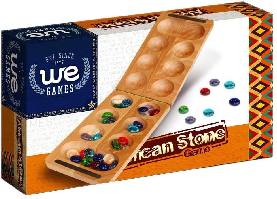 Solid wood folding Mancala board with multi-colored glass stones, 18 inches