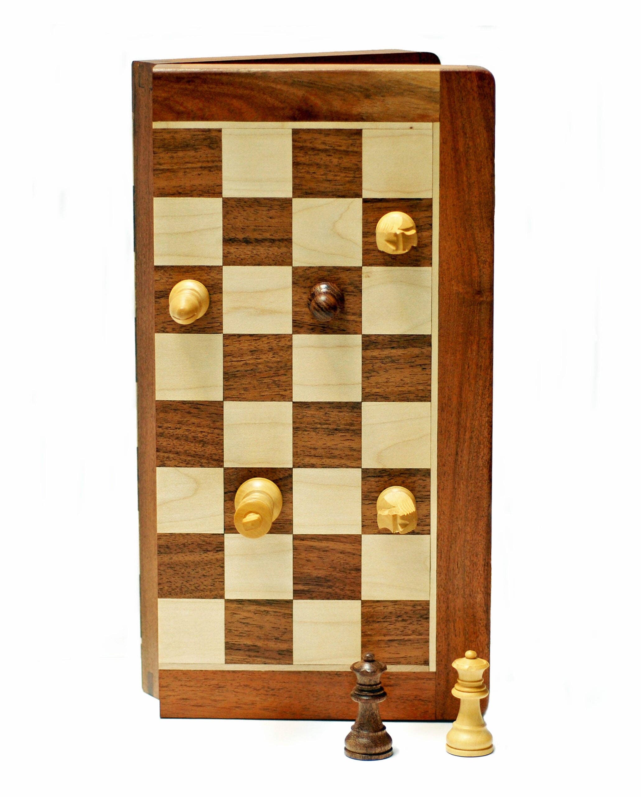 Travel magnetic wood folding chess set with 12 inch board and storage for pieces