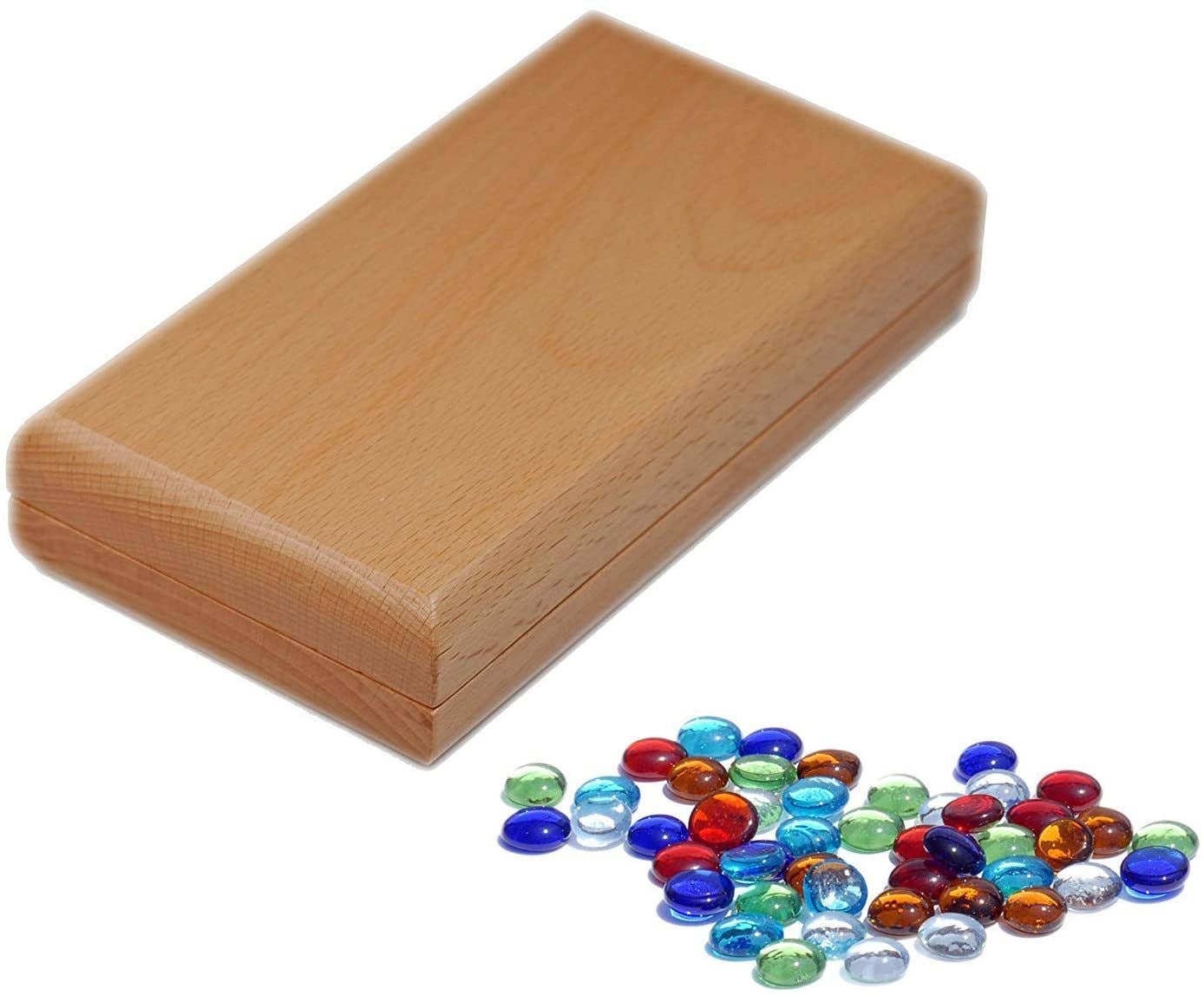 Solid wood folding Mancala board with multi-colored glass stones, 18 inches