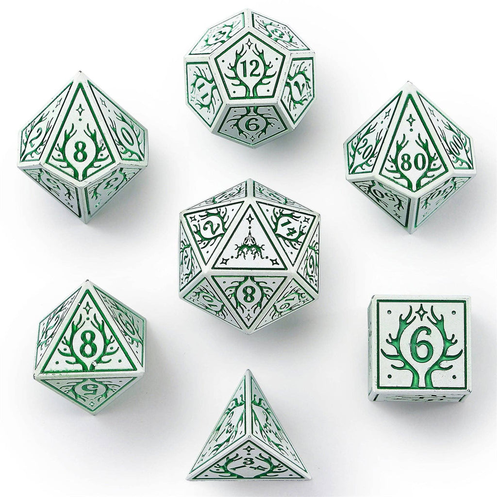 Solid Metal Druid RPG Dice set - White w/Green
