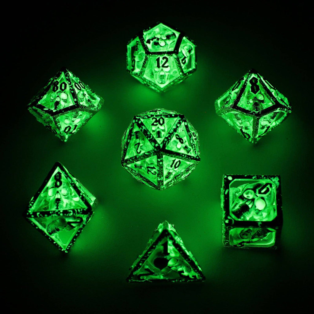 Skull's Grin Hollow Metal Dice Set - Glow in the Dark Green