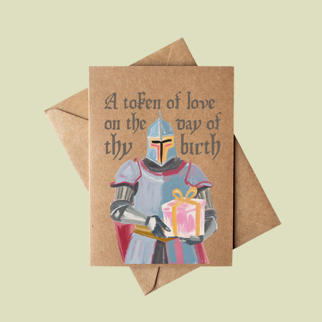Funny Medieval Knight Birthday Card on Brown Kraft Paper