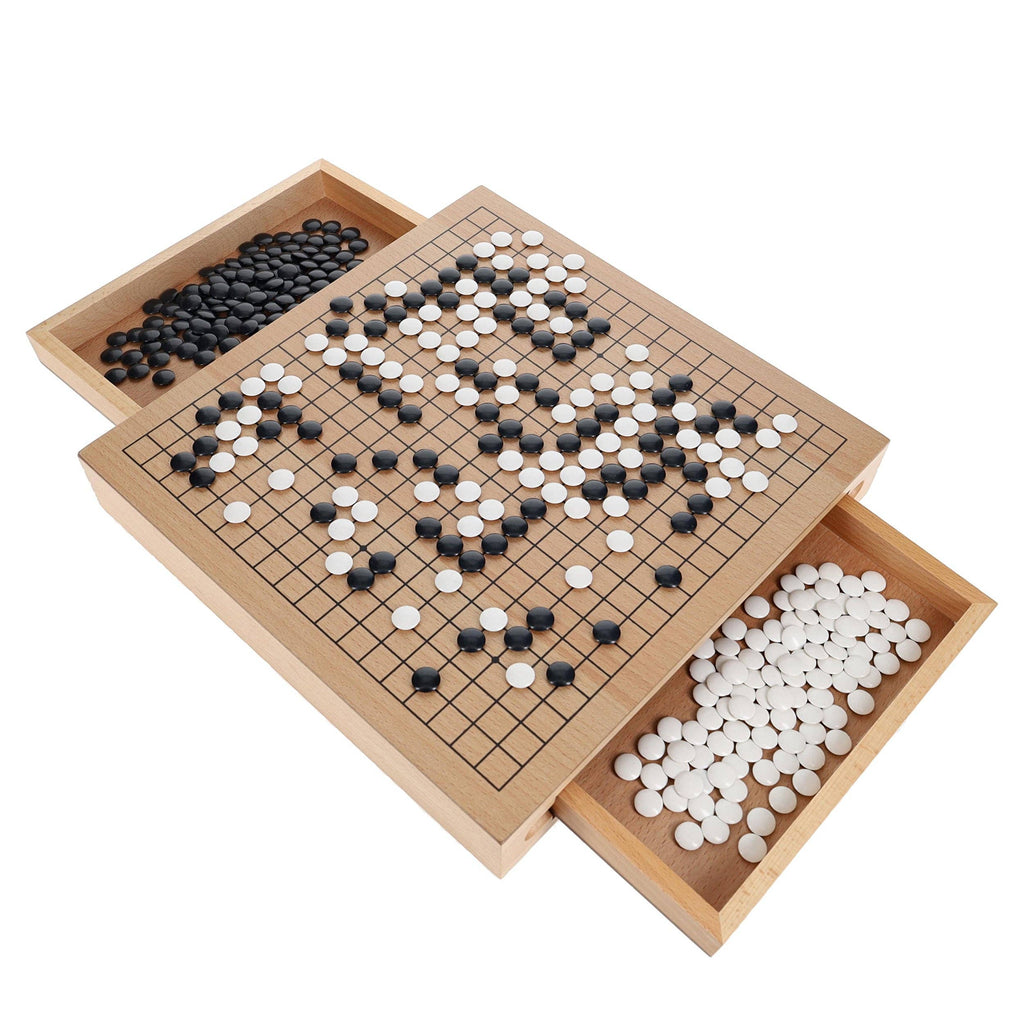 Wood Go set with 12 inch board and storage drawers for black and white stones
