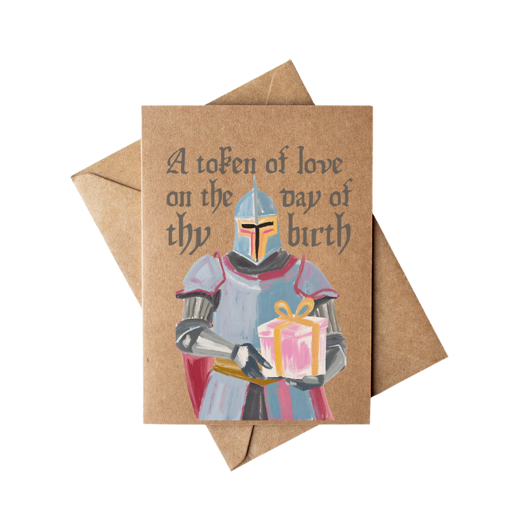 Funny Medieval Knight Birthday Card on Brown Kraft Paper