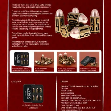 Six D6 Bullet Dice Set in Brass Metal