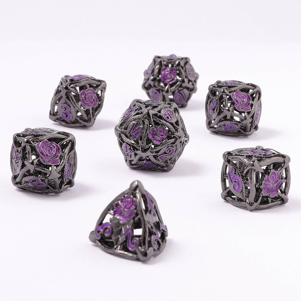 Hollow Metal Rose Dice Set - Gunmetal w/Purple