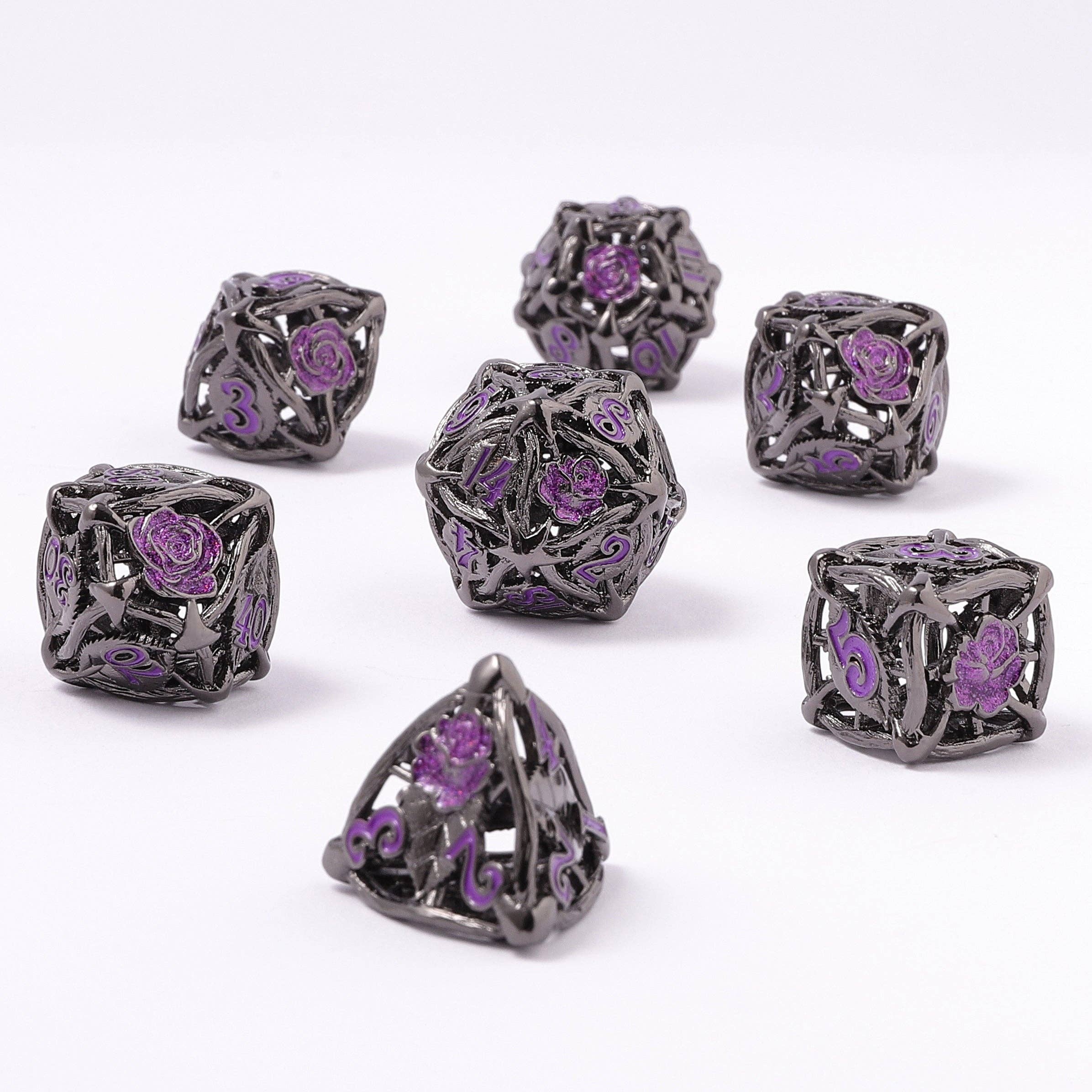 Hollow Metal Rose Dice Set - Gunmetal w/Purple