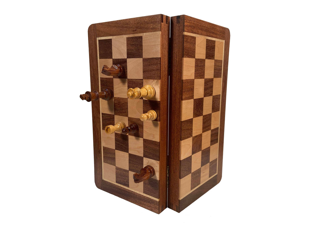 Travel magnetic wood folding chess set with 12 inch board and storage for pieces