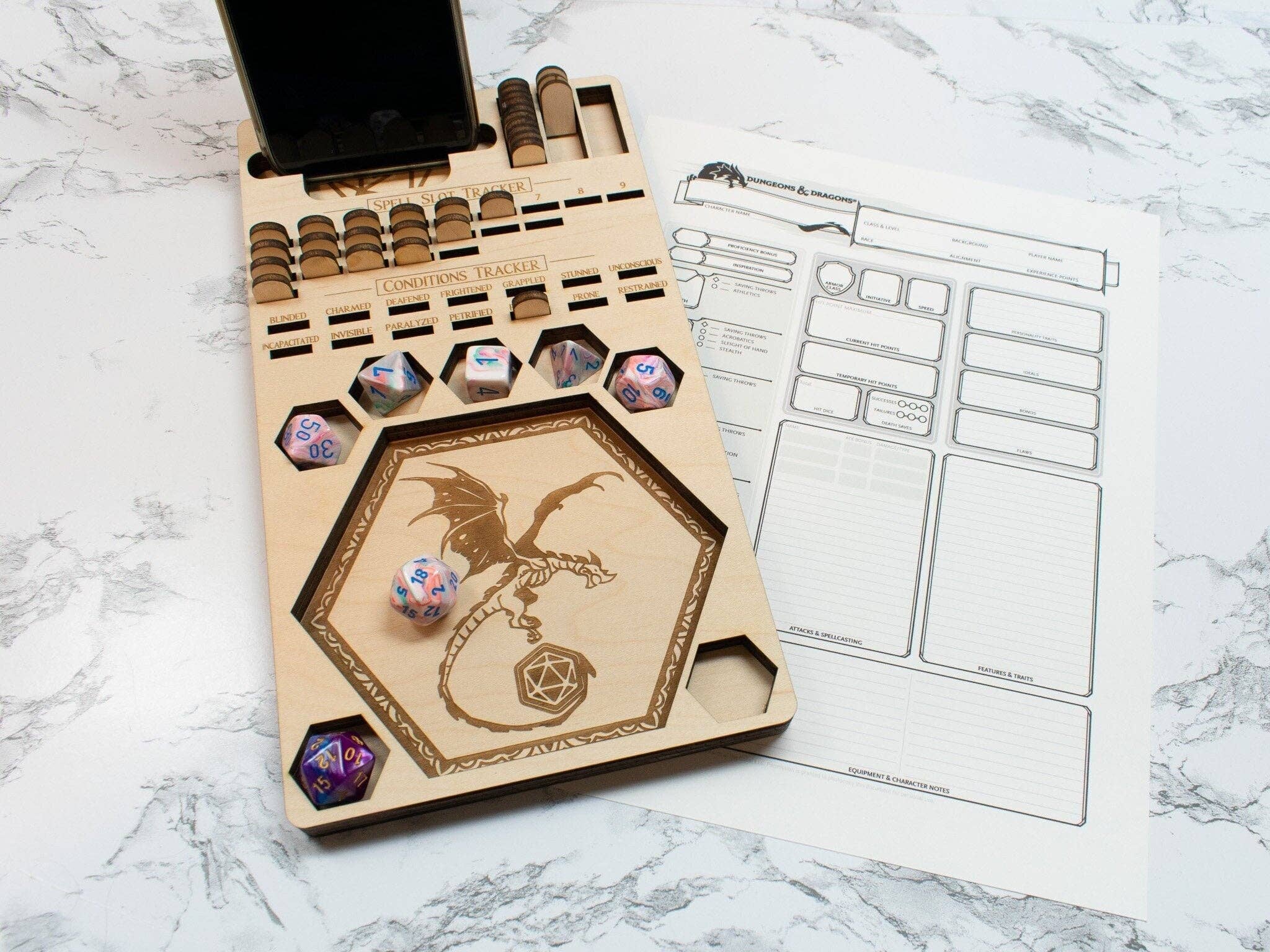 Player's Tray: DnD Dice Tray, Spell Slot Tracker, Conditions Tracker, Phone Holder, and Dice Holder