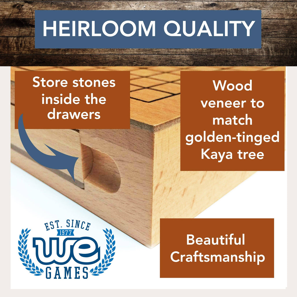 Wood Go set with 12 inch board and storage drawers for black and white stones