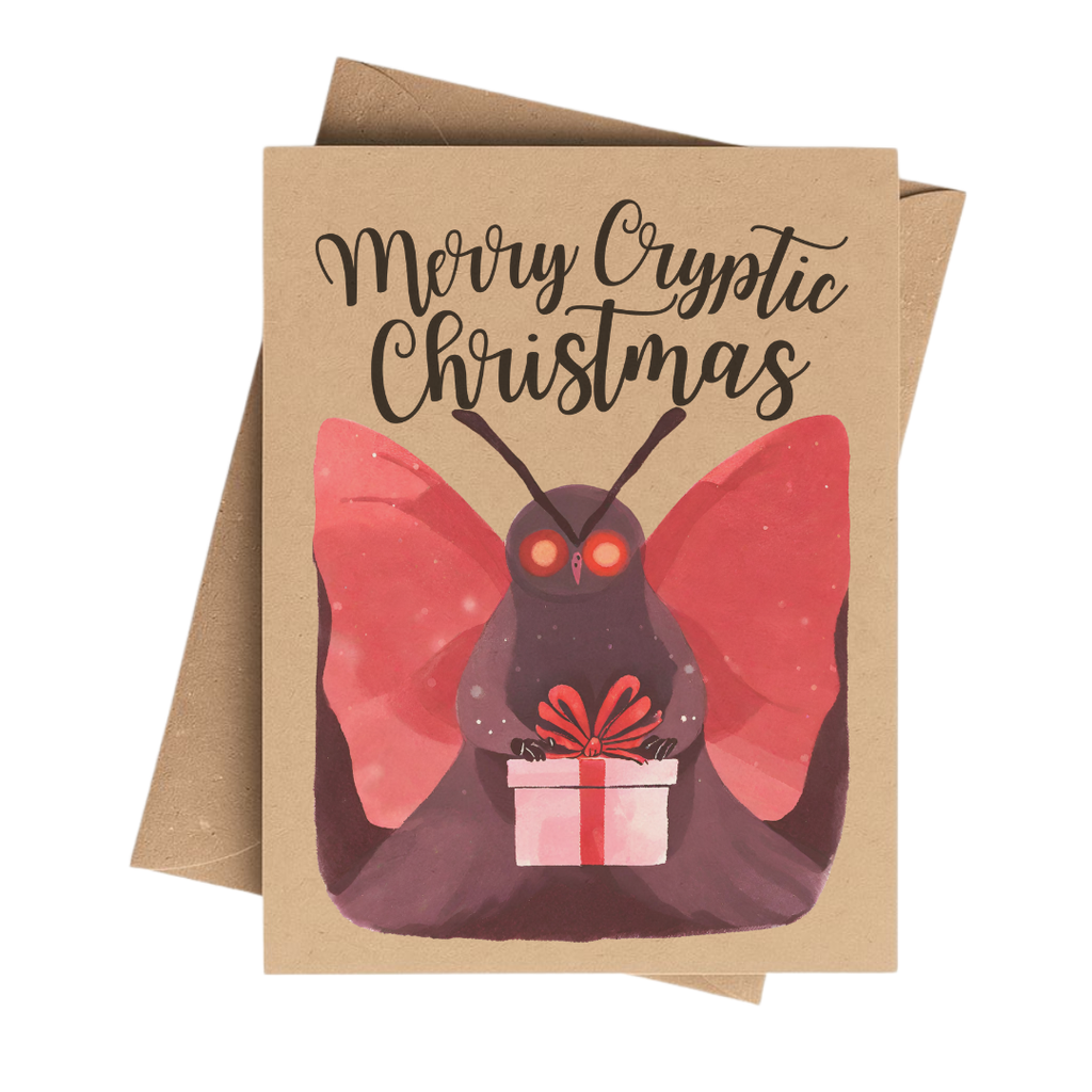 Merry Cryptic Christmas Mothman Holiday Card on Kraft Paper