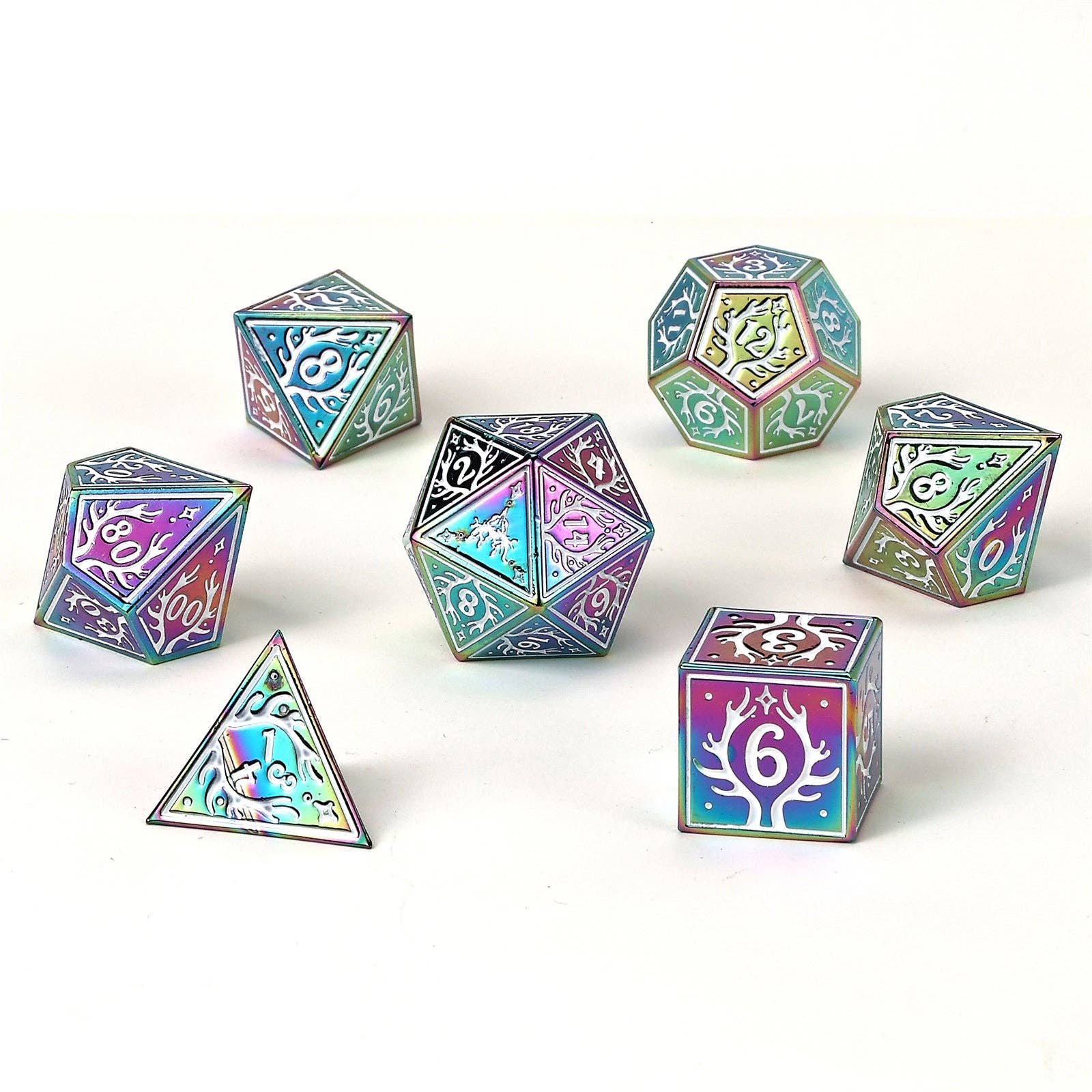 Solid Metal Druid RPG Dice Set - Rainbow w/White