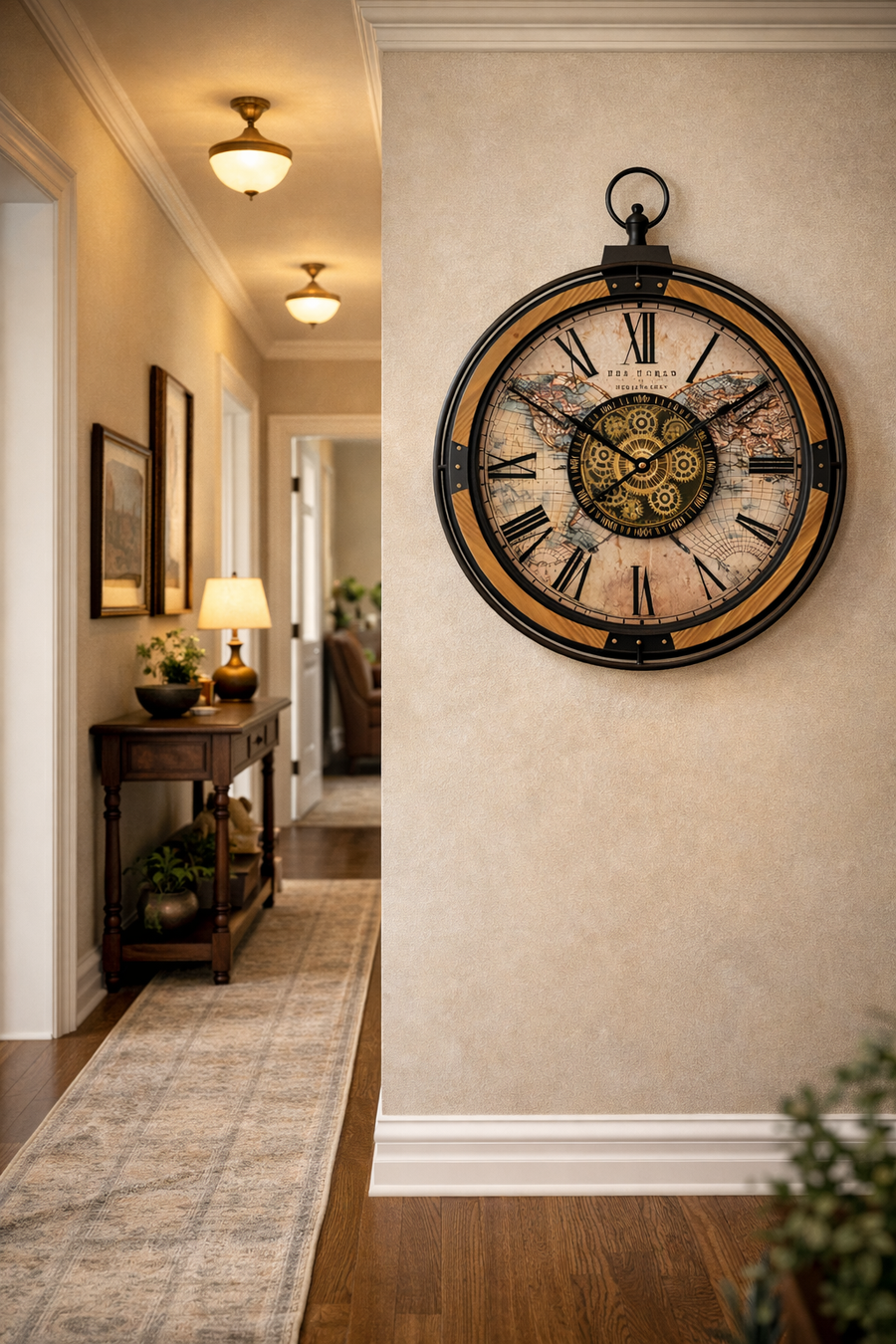 Vintage World Map Industrial Gear Wall Clock