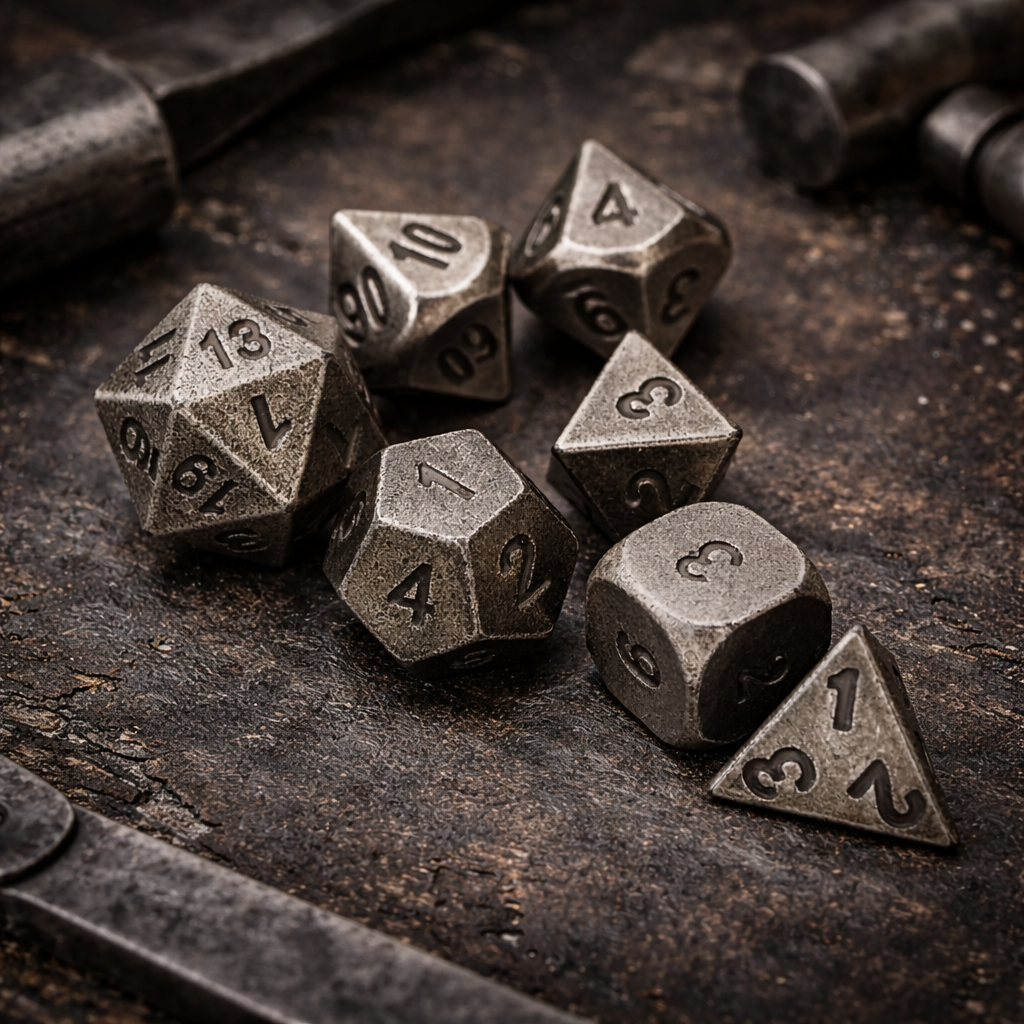 Battle-Worn Steel Forged Metal Dice Set