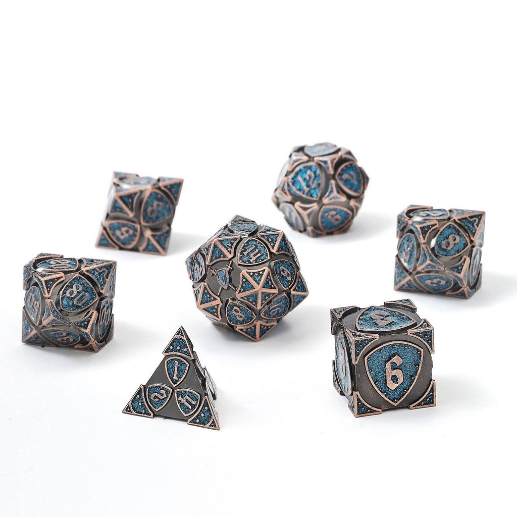 Solid Metal Fighter RPG Dice Set - Copper w/Blue Glitter