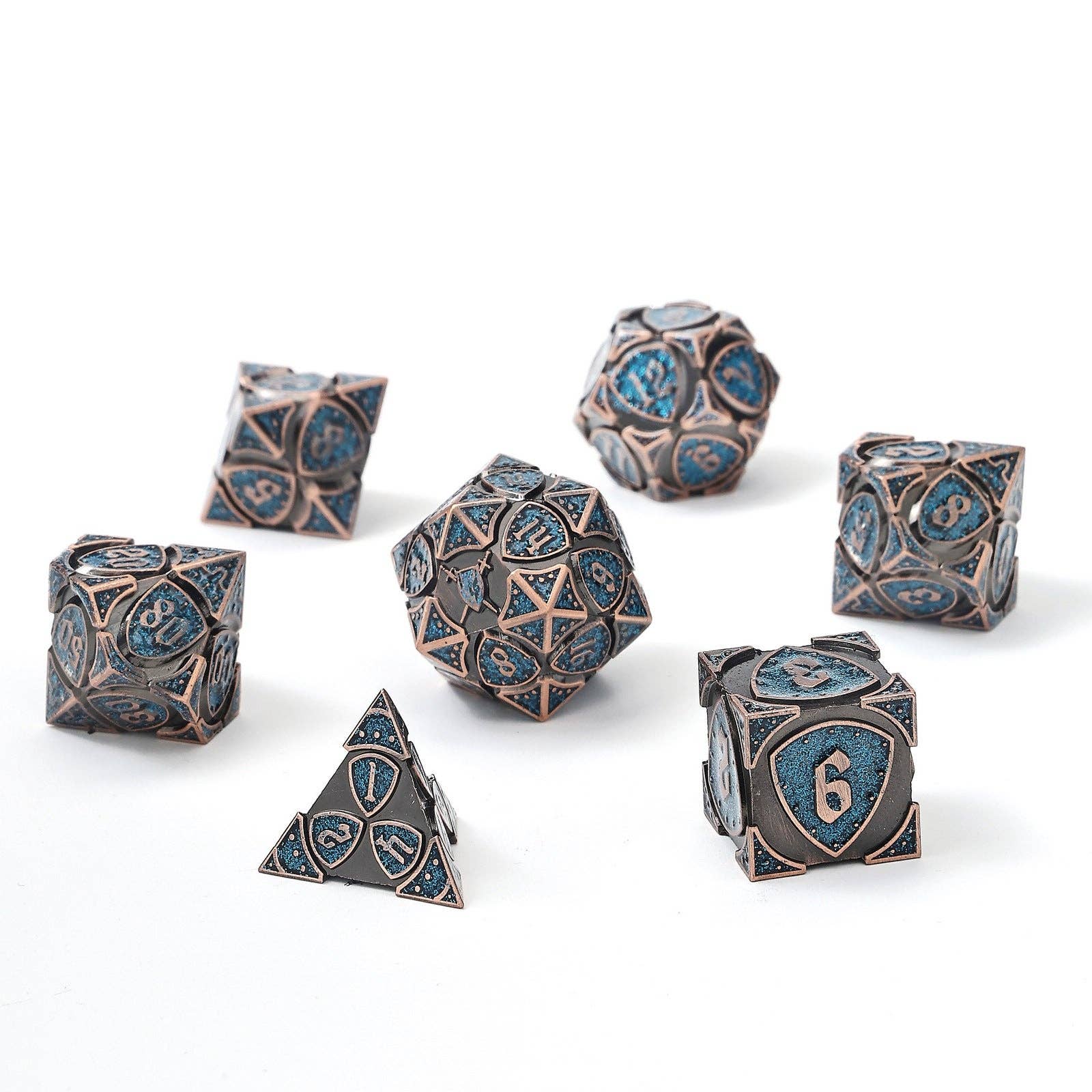 Solid Metal Fighter RPG Dice Set - Copper w/Blue Glitter