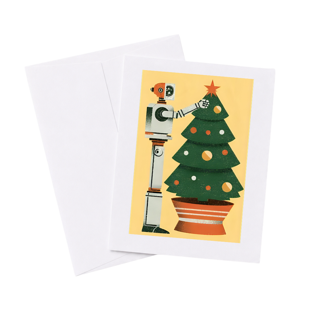 Yellow Mid Century Retro Futuristic Robot Christmas Card 