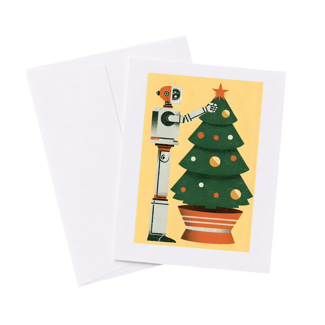Yellow Mid Century Retro Futuristic Robot Christmas Card 