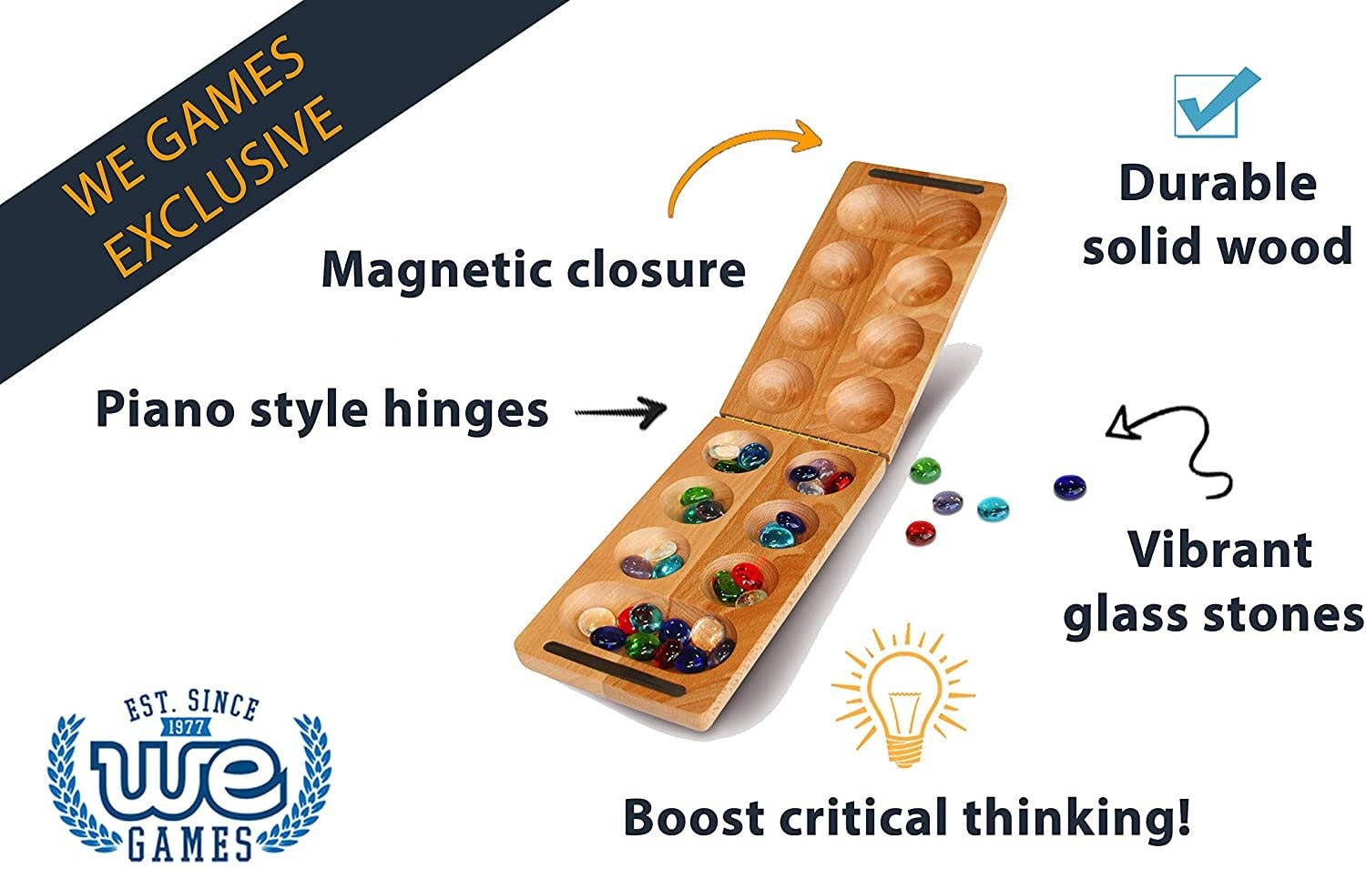 Solid wood folding Mancala board with multi-colored glass stones, 18 inches