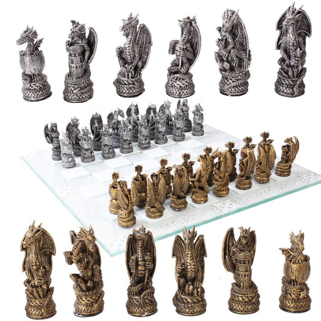 Dragon Kingdom chess set with resin pieces and glass board