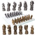 Dragon Kingdom chess set with resin pieces and glass board