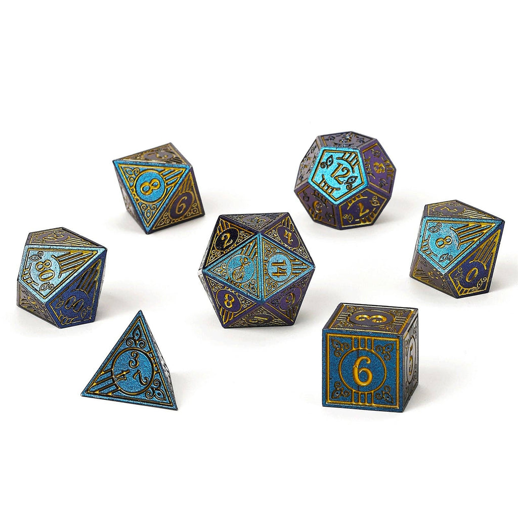 Solid Metal Bard RPG Dice Set - Glitter Blue w/Gold