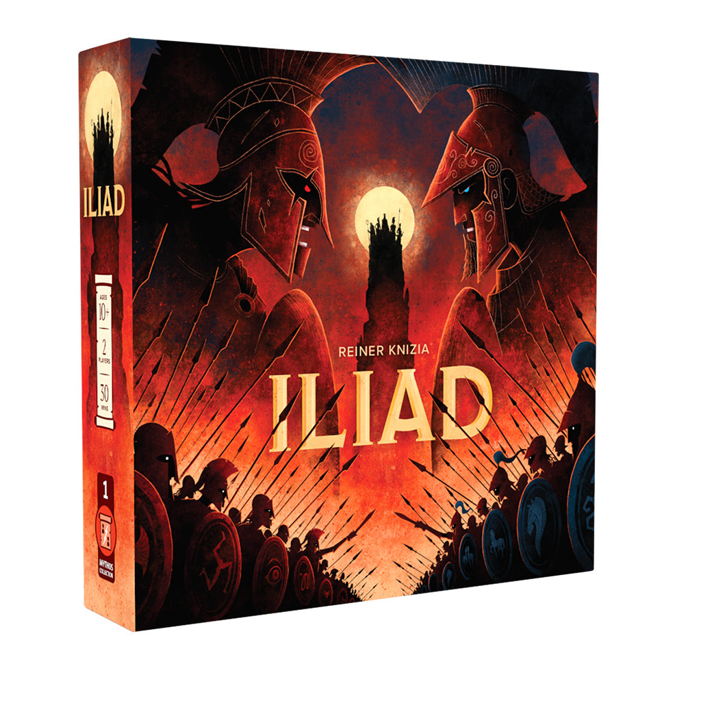 Iliad tile-placement strategy game with heroes Hector and Achilles, punchboard tiles and cloth bag