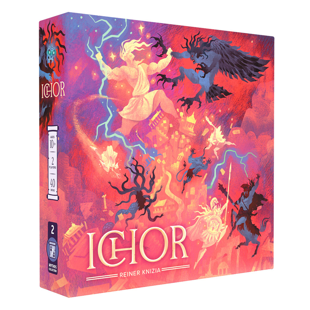 Ichor board game with Greek gods and monsters, double-sided board and wooden tokens
