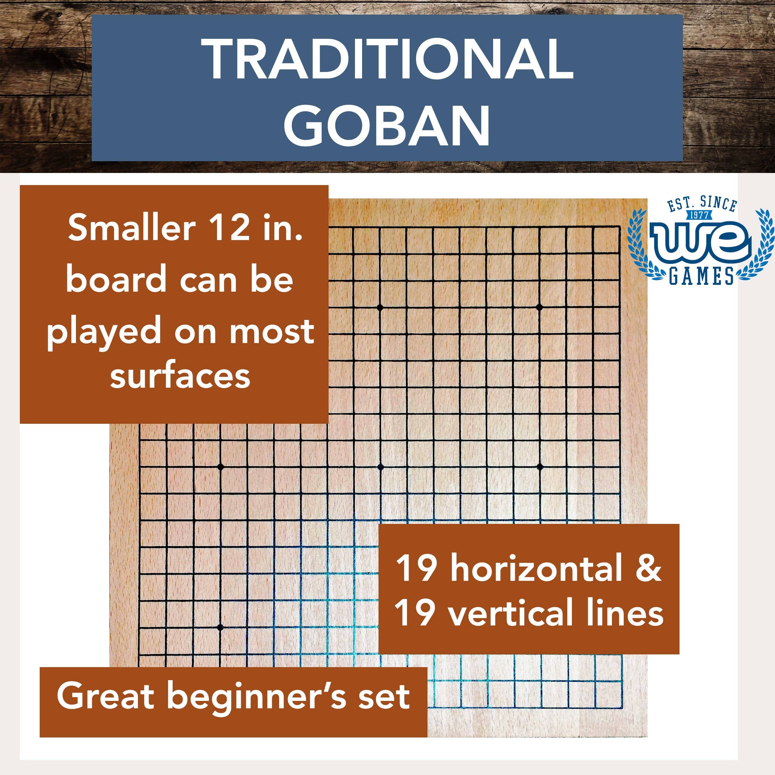 Wood Go set with 12 inch board and storage drawers for black and white stones