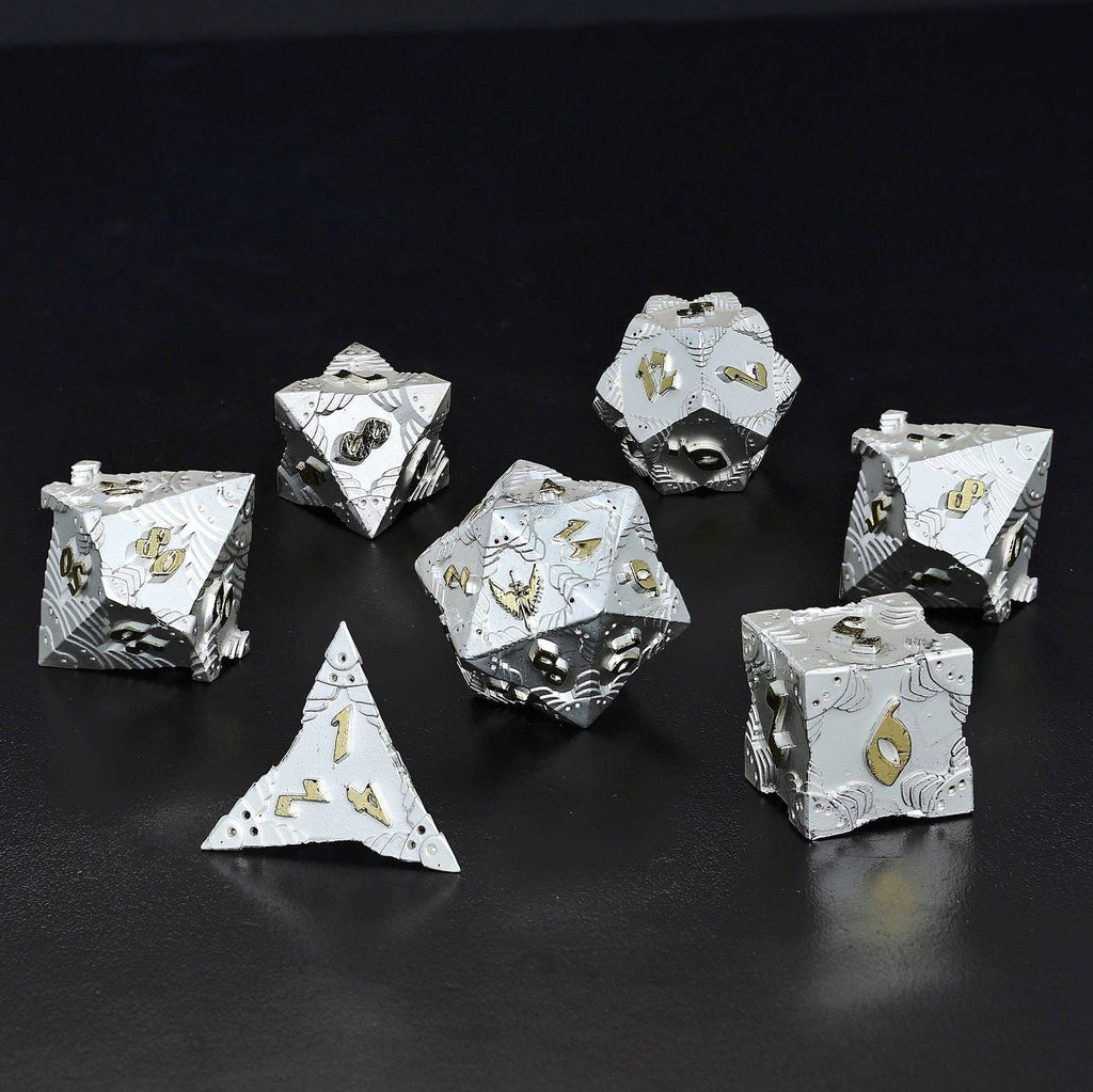 Solid Metal Paladin Class RPG Dice Set - Matte Silver w/Gold