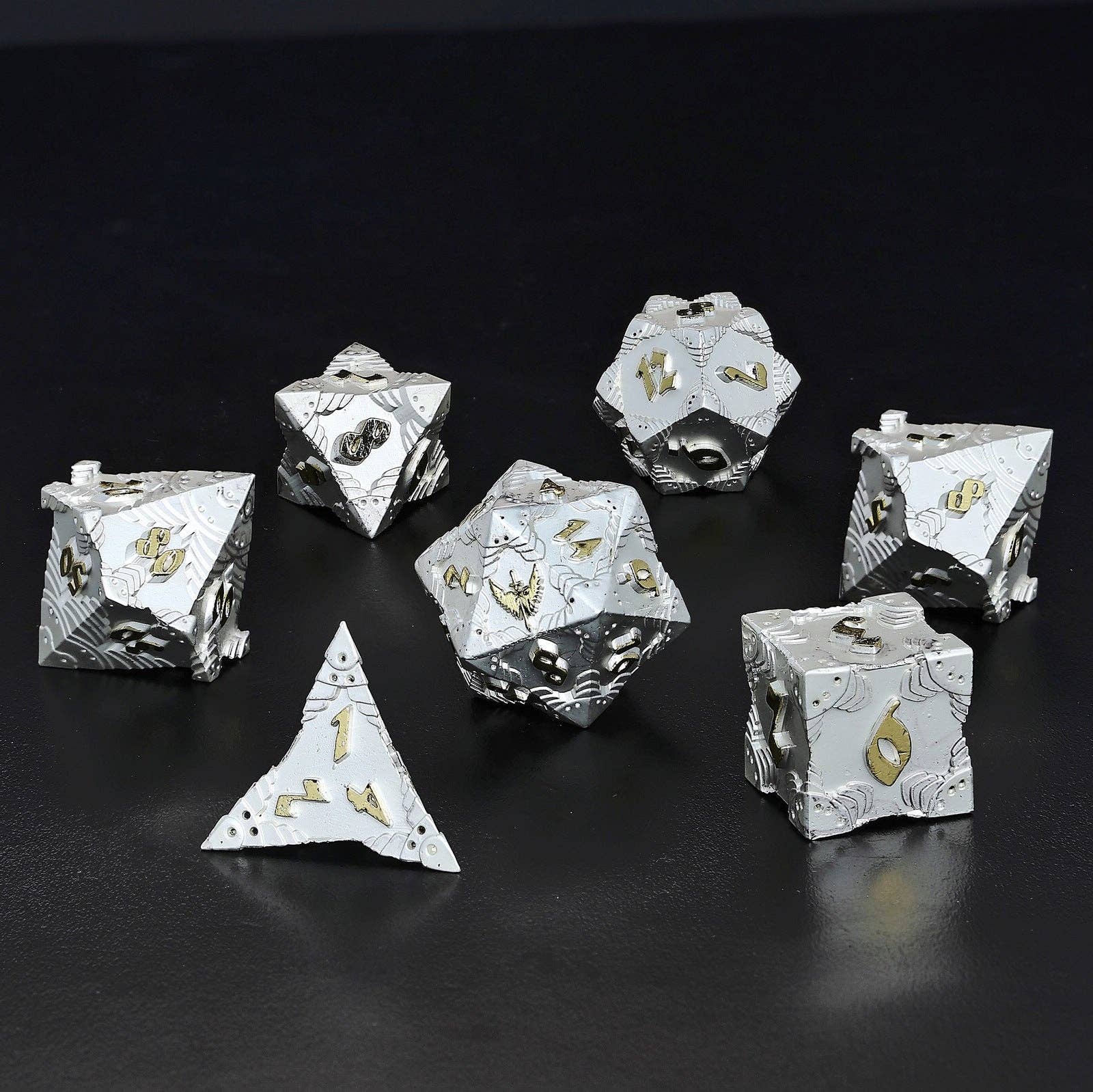 Solid Metal Paladin Class RPG Dice Set - Matte Silver w/Gold