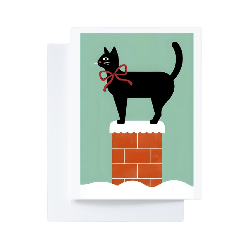 Black Cat Snowy Christmas Chimney Holiday Card