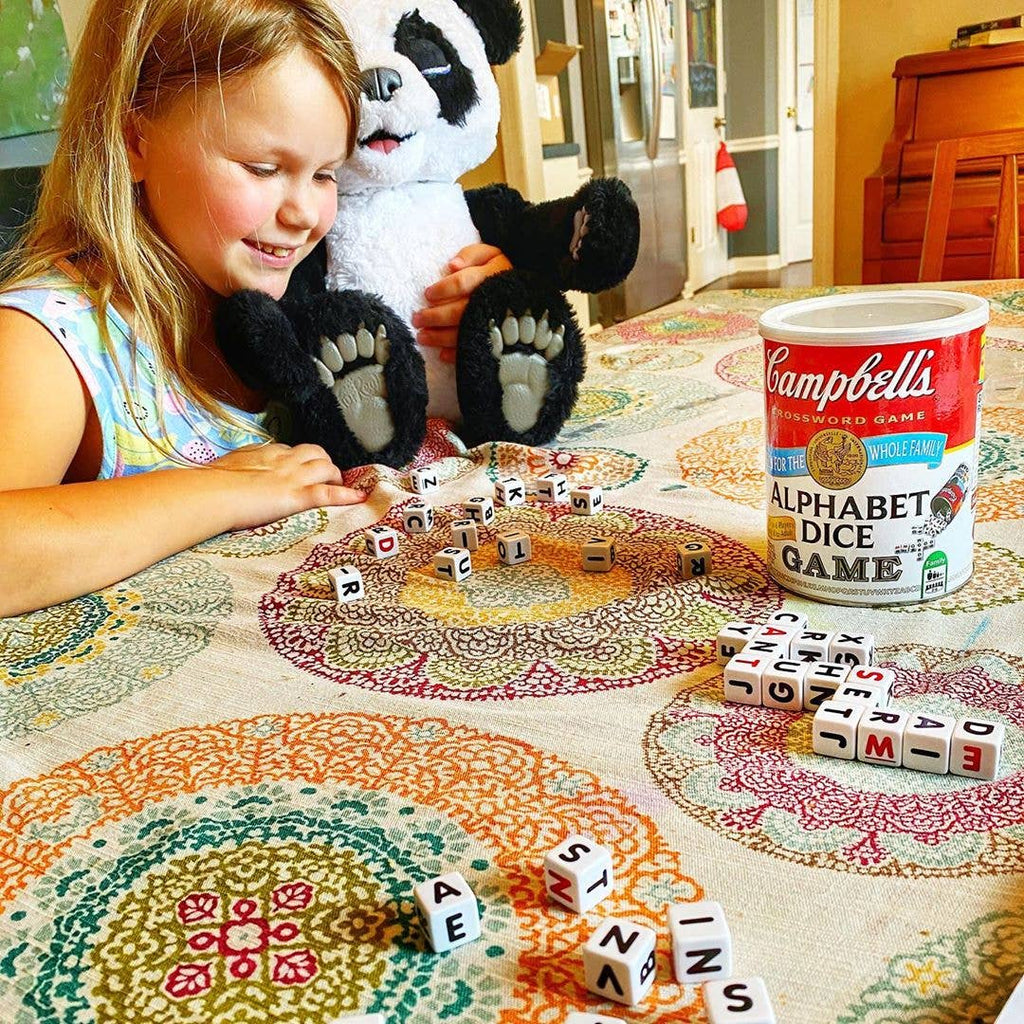 Campbell's Alphabet Dice Word Game with soup can packaging and dice