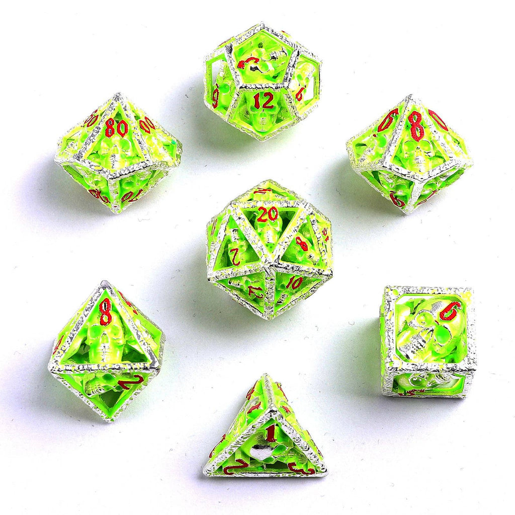 Skull's Grin Hollow Metal Dice Set - Glow in the Dark Green