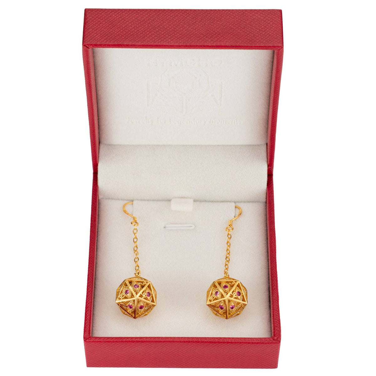 Dragon's Eye D20 Dice Earrings - Gold with Ruby Red Gems