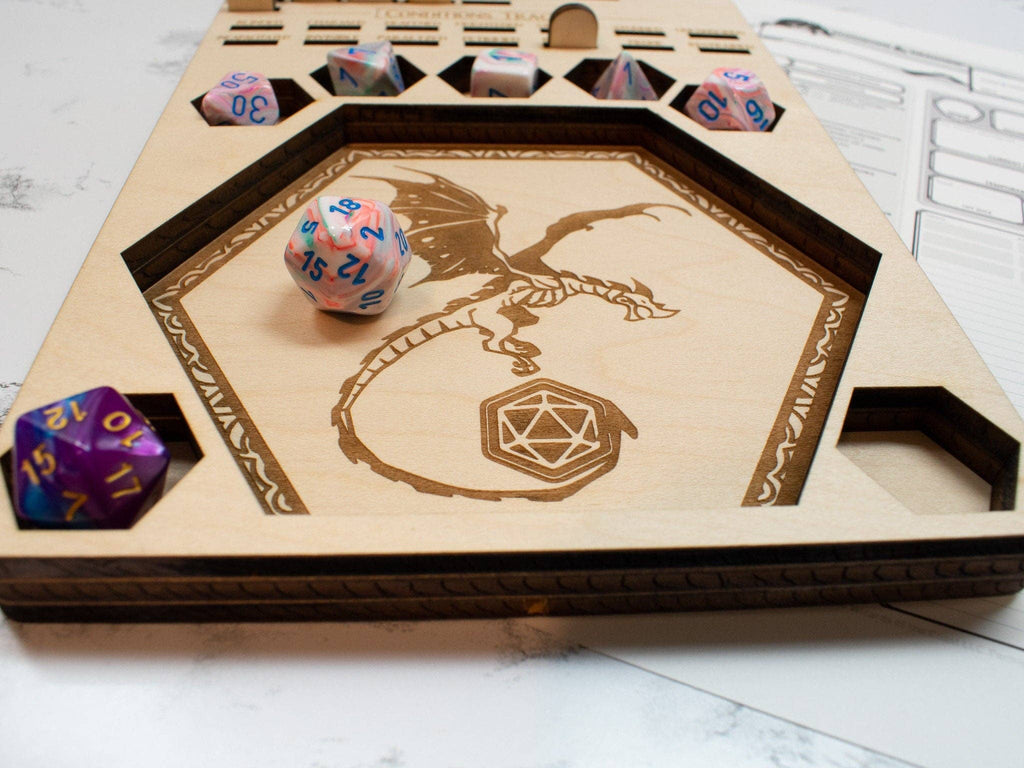 Player's Tray: DnD Dice Tray, Spell Slot Tracker, Conditions Tracker, Phone Holder, and Dice Holder