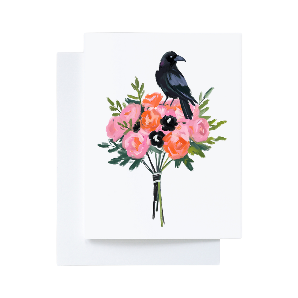 Black Raven Halloween Floral Bouquet Card
