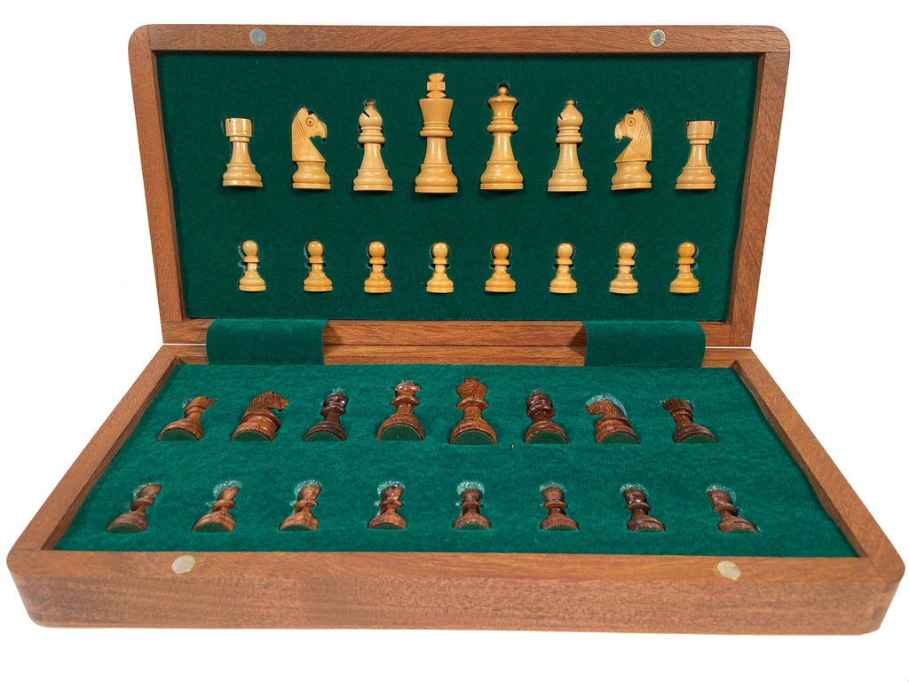 Travel magnetic wood folding chess set with 12 inch board and storage for pieces