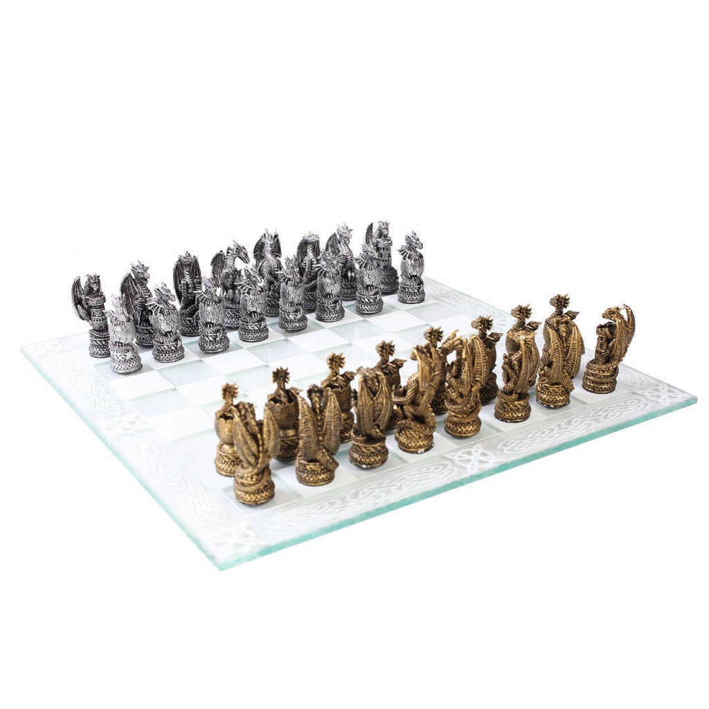 Dragon Kingdom chess set with resin pieces and glass board