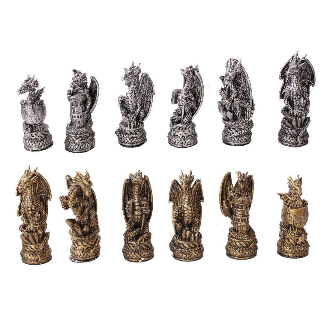Dragon Kingdom chess set with resin pieces and glass board