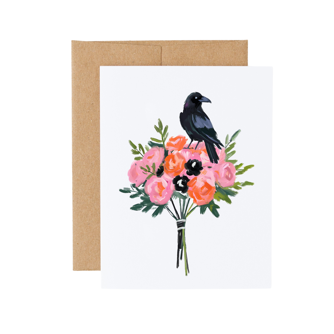 Black Raven Halloween Floral Bouquet Card