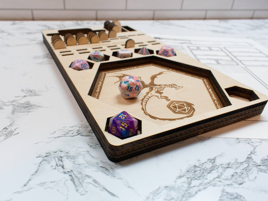 Player's Tray: DnD Dice Tray, Spell Slot Tracker, Conditions Tracker, Phone Holder, and Dice Holder