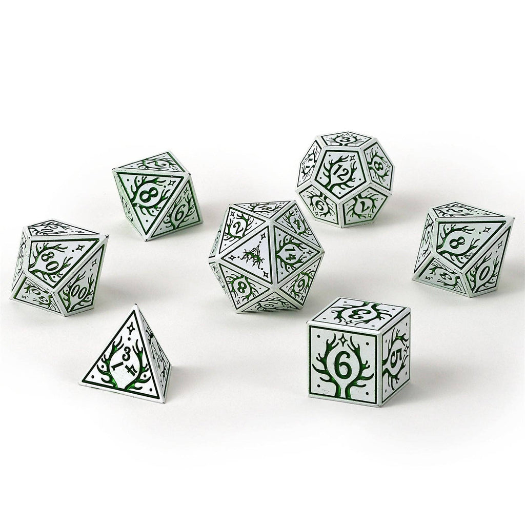 Solid Metal Druid RPG Dice set - White w/Green