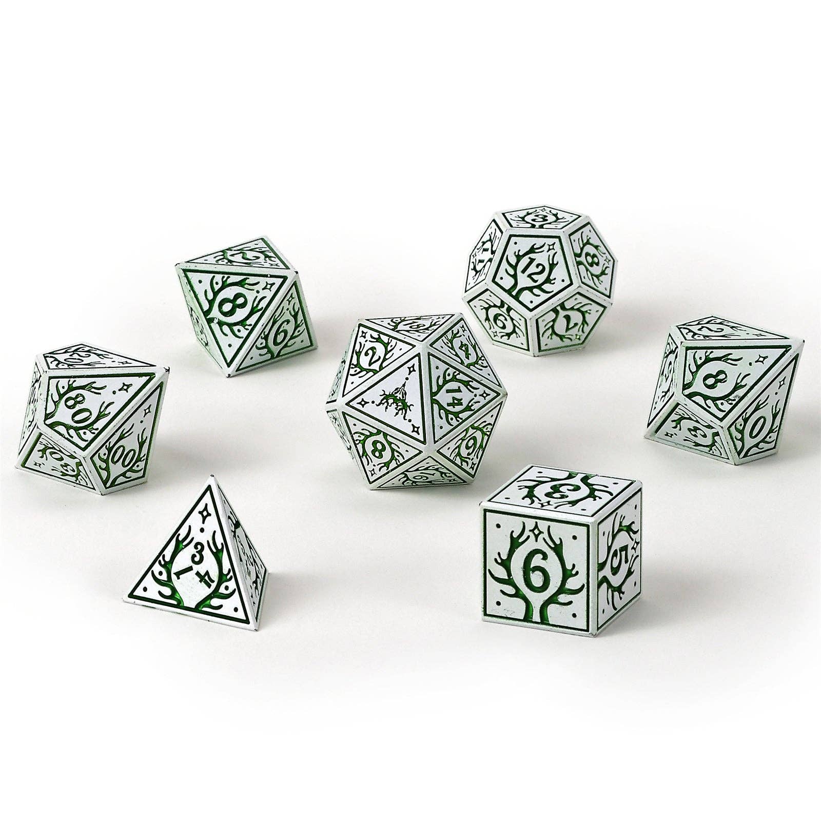 Solid Metal Druid RPG Dice set - White w/Green